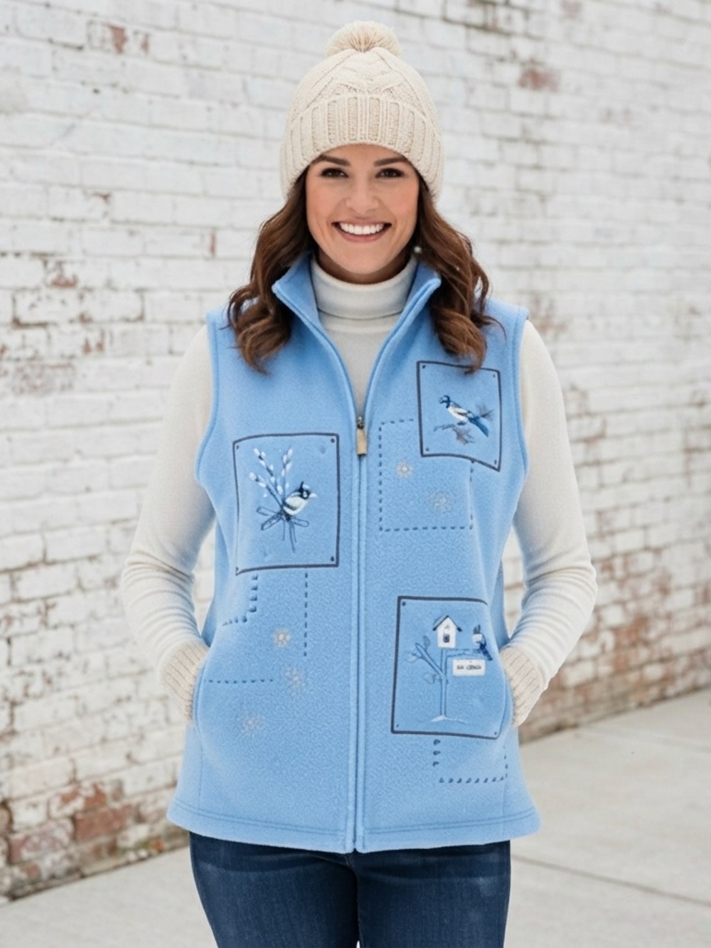 Northern Reflections Blue Bird Winter Fleece Vest - Embroidery Snowflakes SZ M